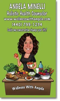Custom caricature business card front, hand-drawn by MyCaricature for a wellness brand